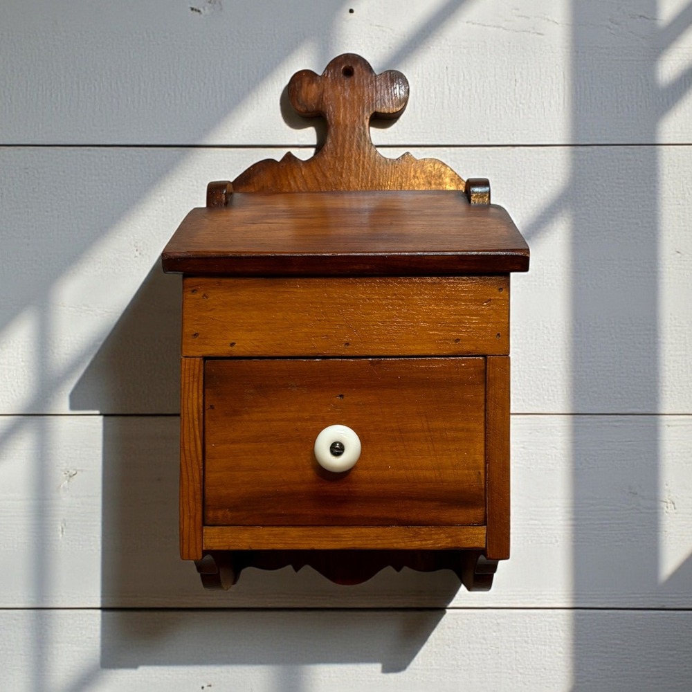 Vintage Wooden Salt Box Wall Hanging Farmhouse Primitive Coffee Sugar Tea‎